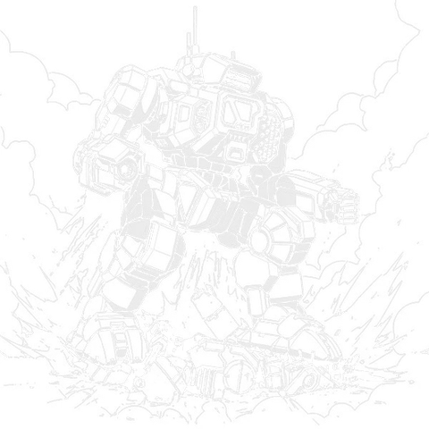Illustration of a Highlander BattleMech standing on the crushed wreckage of another machine, showing the Gauss rifle arm, the LRM 20 shoulder rack and the reinforced legs