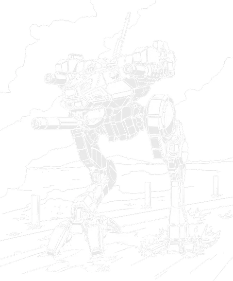 Illustration of an LCT-1V Locust BattleMech at speed, showing the chin-mounted medium laser, the machine guns on either flank and the digitigrade legs